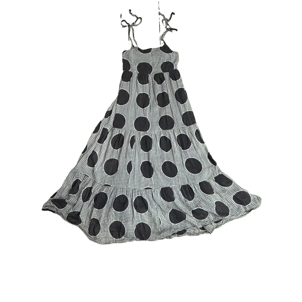 Carly Jean Los Angeles Maxi Dress M Black Gray Polka Dot Tiered Tie Strap Boho